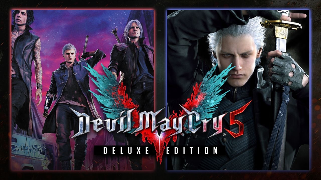 Devil May Cry 5 Deluxe Edition DLCs Game for PC Highly Compressed Full Version Free Download "Devil May Cry 5 Deluxe Edition promotional poster, featuring three characters with weapons against a cityscape backdrop, and a close-up of one character with white hair holding a sword. The title 'Devil May Cry 5' is prominently displayed in stylized font with red and blue accents."