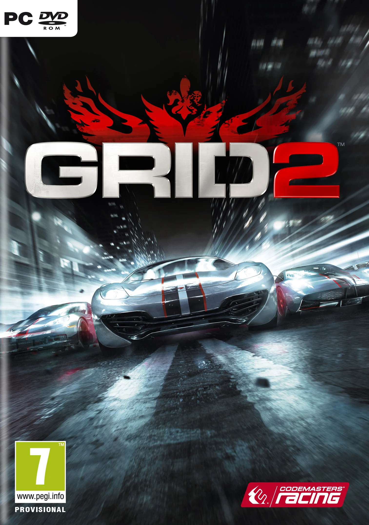A high-speed racing game cover art featuring three sleek sports cars on a wet city street at night, with the title "GRID 2" in bold letters above and the Codemasters Racing logo below. The background shows a blurred urban landscape with tall buildings and streaks of light suggesting motion. A red phoenix-like symbol is positioned behind the title. The game is rated 7 by PEGI, indicated by a green label in the bottom left corner.