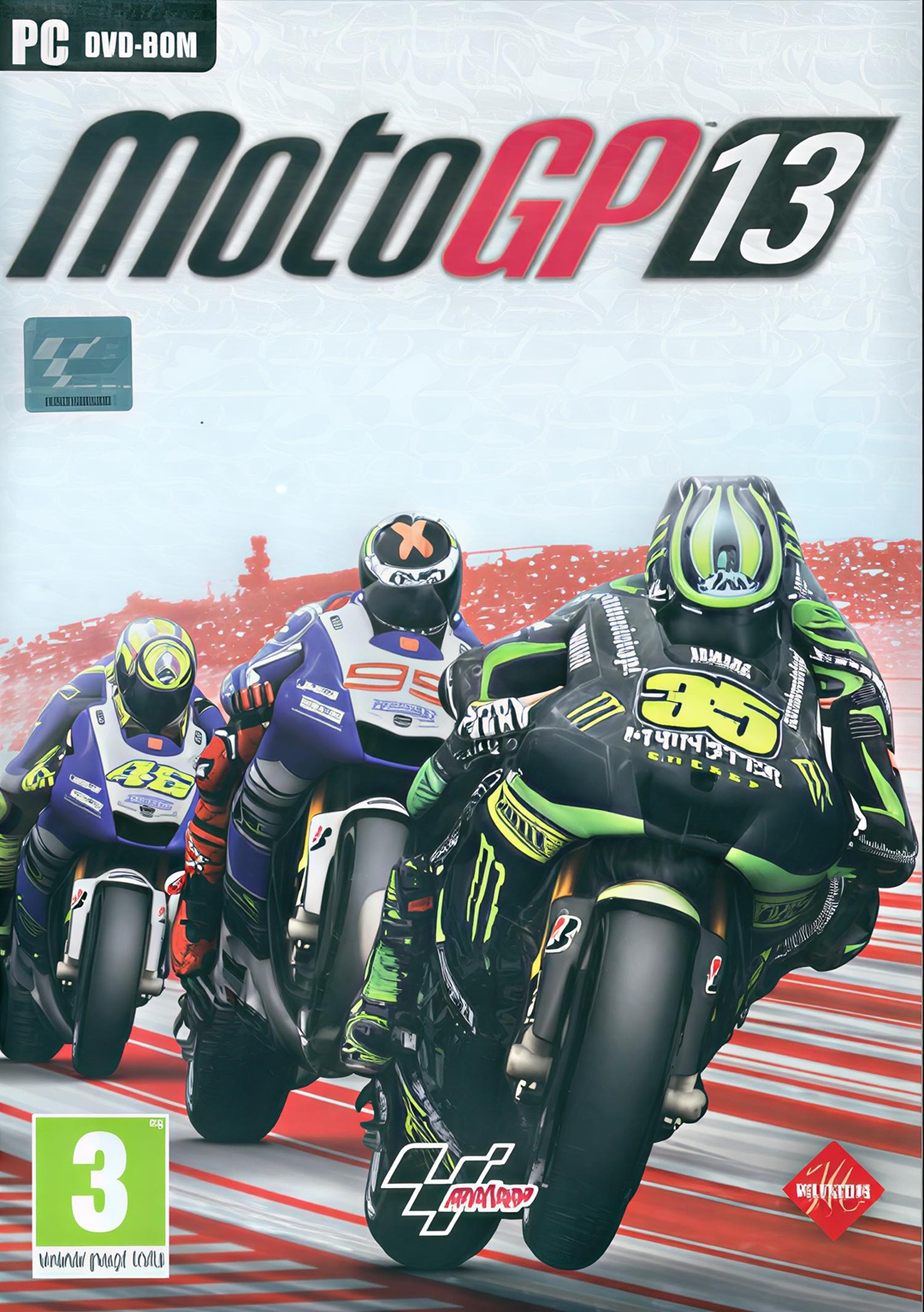 MotoGP 13 Game For PC Highly Compressed Full Version Free Download For Windows A dynamic and thrilling scene of three MotoGP racers in action, with the lead rider wearing a black and green suit and helmet, closely followed by two other competitors. The background features a blurred race track and stands, emphasizing speed and motion. The game title "MotoGP 13" is prominently displayed at the top, along with logos for PC DVD-ROM and age rating of 3. The image captures the intensity and excitement of motorcycle racing.
