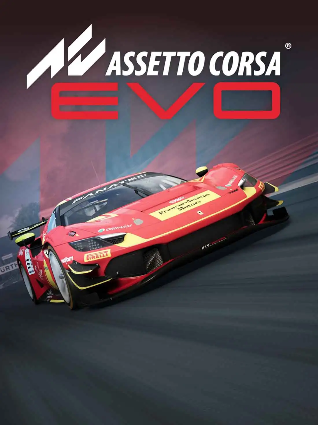 Assetto Corsa EVO Game for PC Highly Compresed Full Version Free Download A high-performance racing car with a striking red and yellow livery, adorned with sponsor logos such as Pirelli and Oriflame, speeds along a racetrack. The sleek design features aerodynamic elements like a large rear wing and wide tires. The background showcases the dynamic motion of the vehicle on the track, emphasizing speed and competition. The game title "Assetto Corsa Evo" is prominently displayed in bold white letters against a gradient backdrop transitioning from dark to light hues.