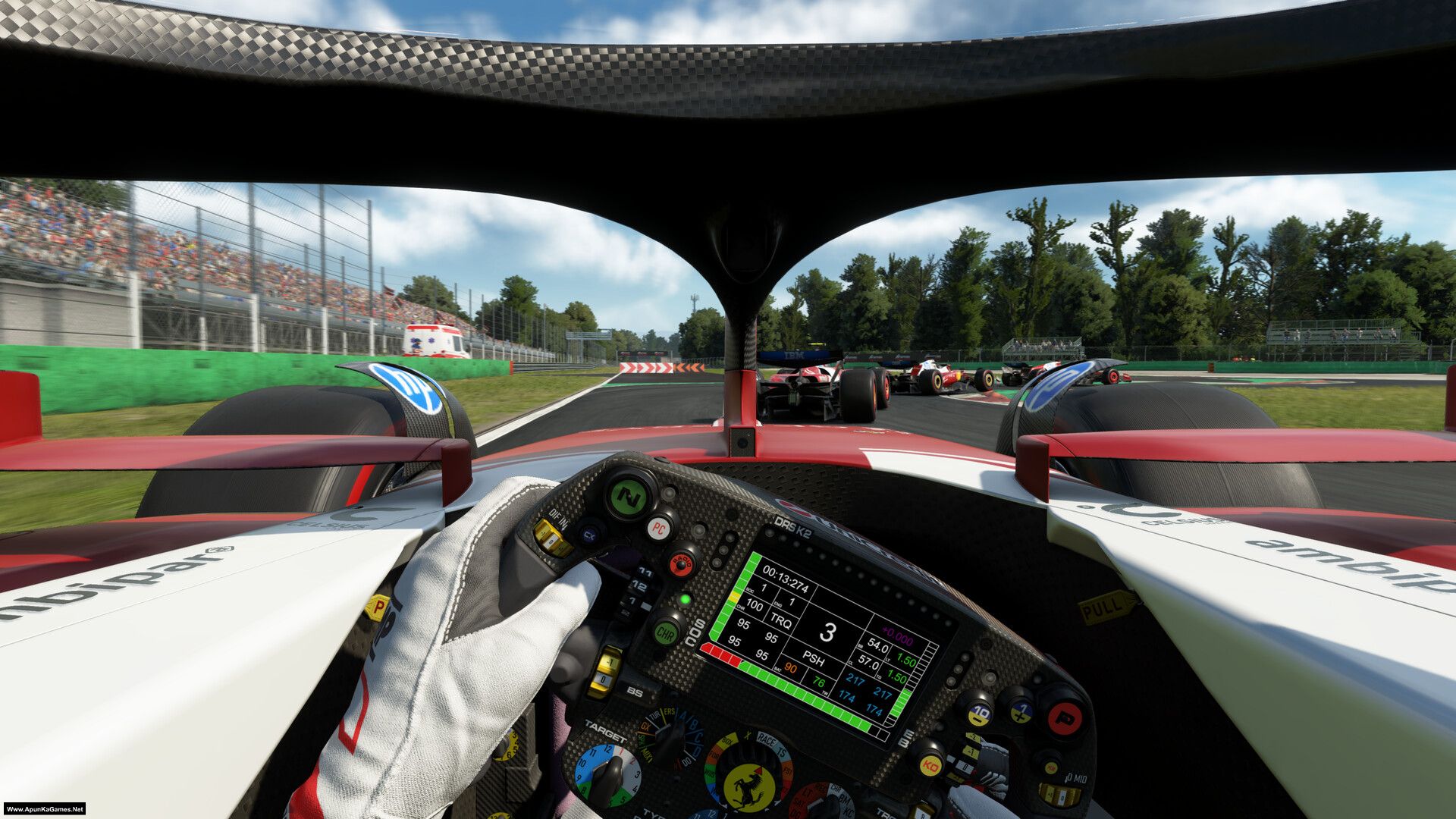 Assetto Corsa EVO Game for PC Highly Compresed Full Version Free Download A high-speed Formula 1 race car cockpit view, featuring a detailed steering wheel with various buttons and displays. The driver's hand is visible on the wheel, wearing a white racing glove. The track ahead shows other competitors' cars, green grassy areas, and spectator stands under a partly cloudy sky. The car has red and white livery with sponsor logos like "Ambipar" and "HP".