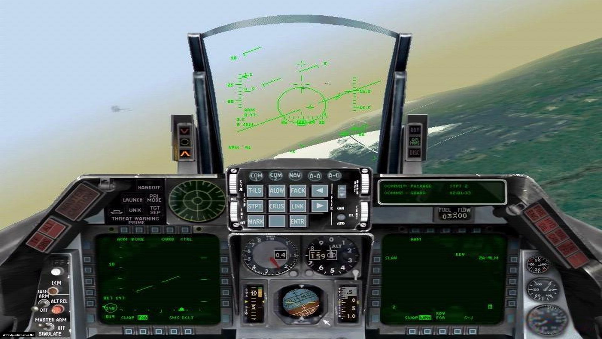 Falcon 4.0 PC Game Highly Compressed Full Version Free Download For Windows A cockpit view of a fighter jet with advanced avionics and heads-up display, showcasing various flight instruments, radar, and navigation systems. The aircraft is flying over a coastal area with the ocean visible below. The HUD displays targeting information and other critical data for the pilot.