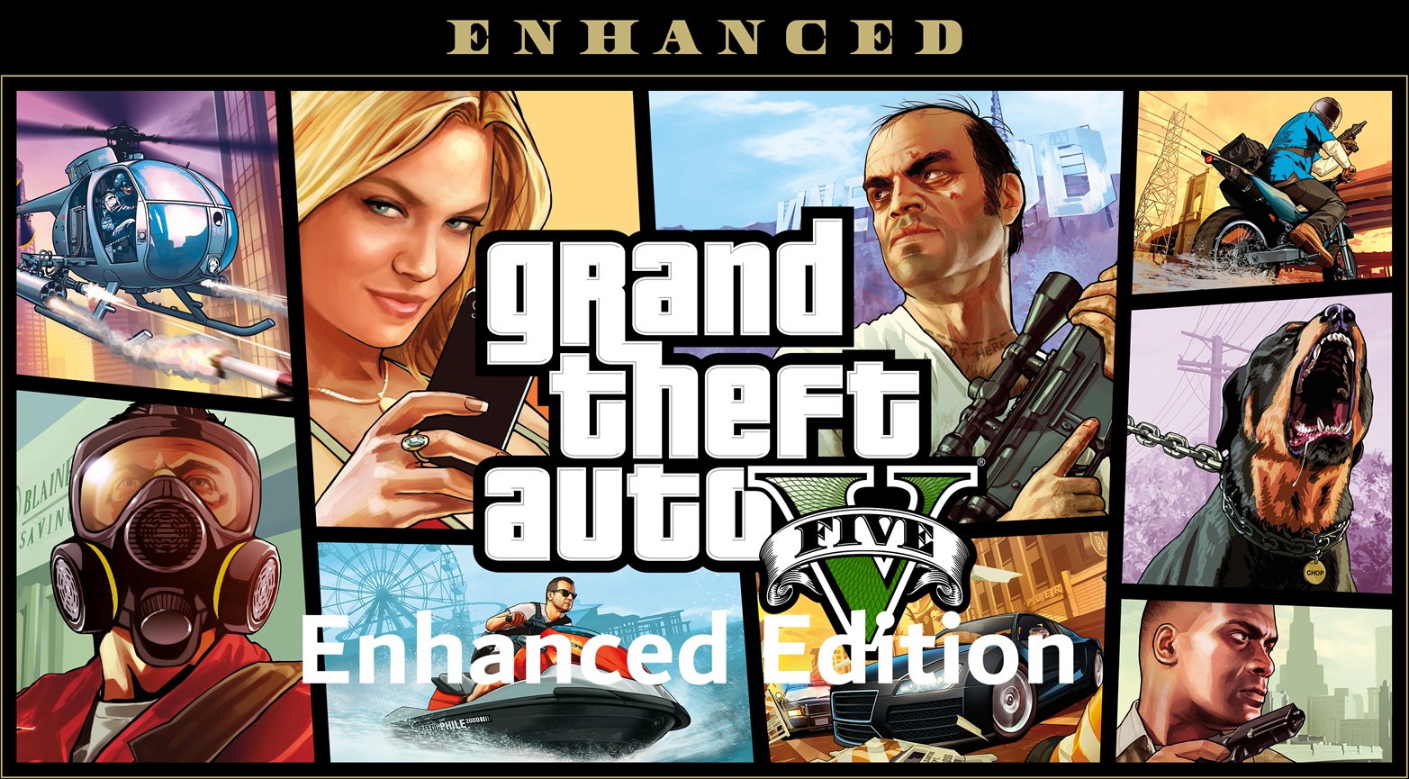 GTA 5 Enhanced (Grand Theft Auto V Enhanced Edition) Game for PC Highly Compressed Full A vibrant and action-packed scene from the video game "Grand Theft Auto V: Enhanced Edition." The image features a collage of various characters, vehicles, and elements that are iconic to the game. Characters include a woman with blonde hair holding a phone, a man with a scar holding a rifle, a person wearing a gas mask, a dog barking, a man riding a jet ski, and another man in a suit holding a gun. Vehicles such as a helicopter, a motorcycle, a car, and a jet ski are also prominently displayed. The background includes cityscapes and industrial elements. The title "Grand Theft Auto V" is prominently featured in the center, with the words "GTA 5 Enhanced Edition" below it. The overall style is colorful and detailed, capturing the essence of the game's open-world environment.