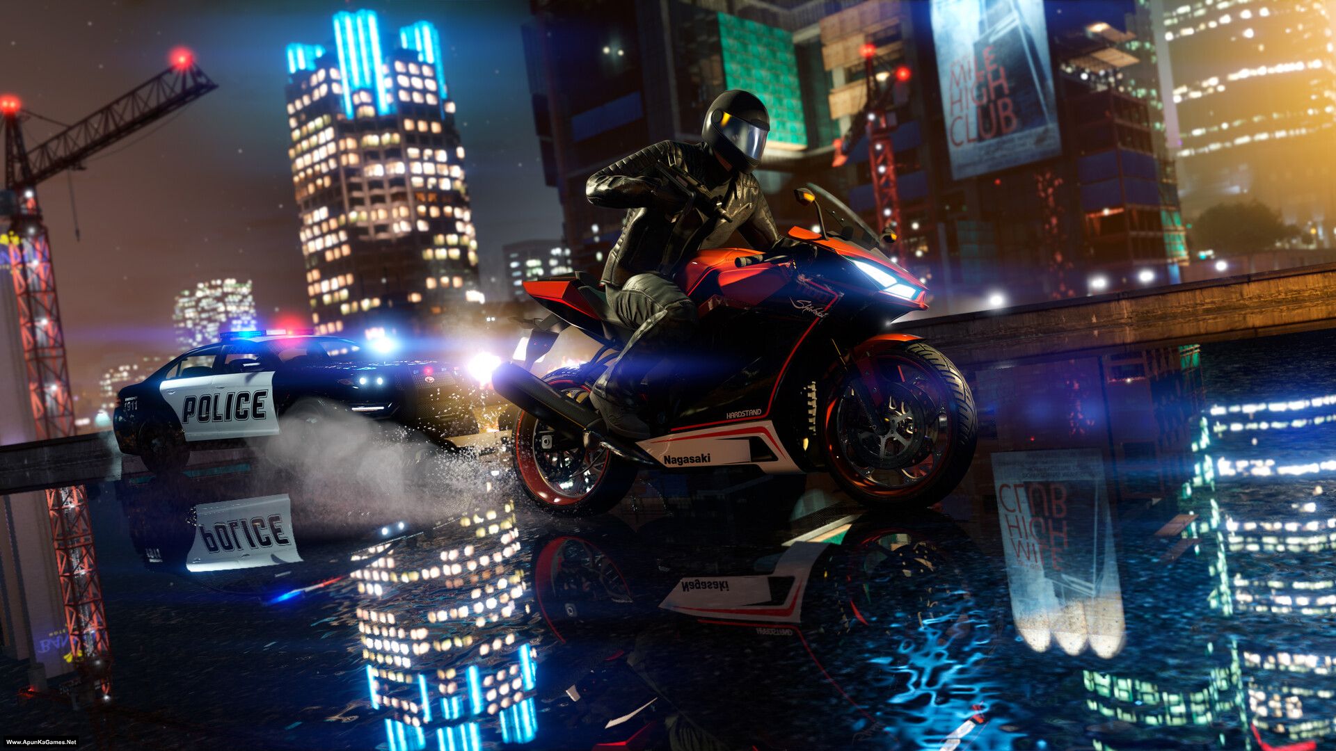 GTA 5 Enhanced (Grand Theft Auto V Enhanced Edition) Game for PC Highly Compressed Full A futuristic cityscape at night with a police car and motorcycle chase. The scene includes a rider on a sleek, high-tech motorcycle wearing a black helmet and leather jacket, performing a wheelie on a reflective wet surface. The background features towering skyscrapers with illuminated windows, construction cranes, and neon signs. The atmosphere is intense and dynamic, with motion blur effects and dramatic lighting highlighting the action.
