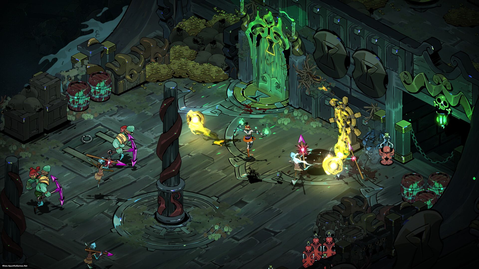 Hades 2 Game for PC Highly Compressed Free Download Full Version For Windows A fantasy scene with a group of adventurers battling various creatures in an ancient, mystical setting. The environment is dark and eerie, featuring glowing green statues, barrels, crates, and other mysterious objects scattered throughout the area. The characters are engaged in combat, using weapons like bows and staffs, while magical effects illuminate their movements. The overall atmosphere is one of tension and danger, as the adventurers navigate through this perilous landscape.