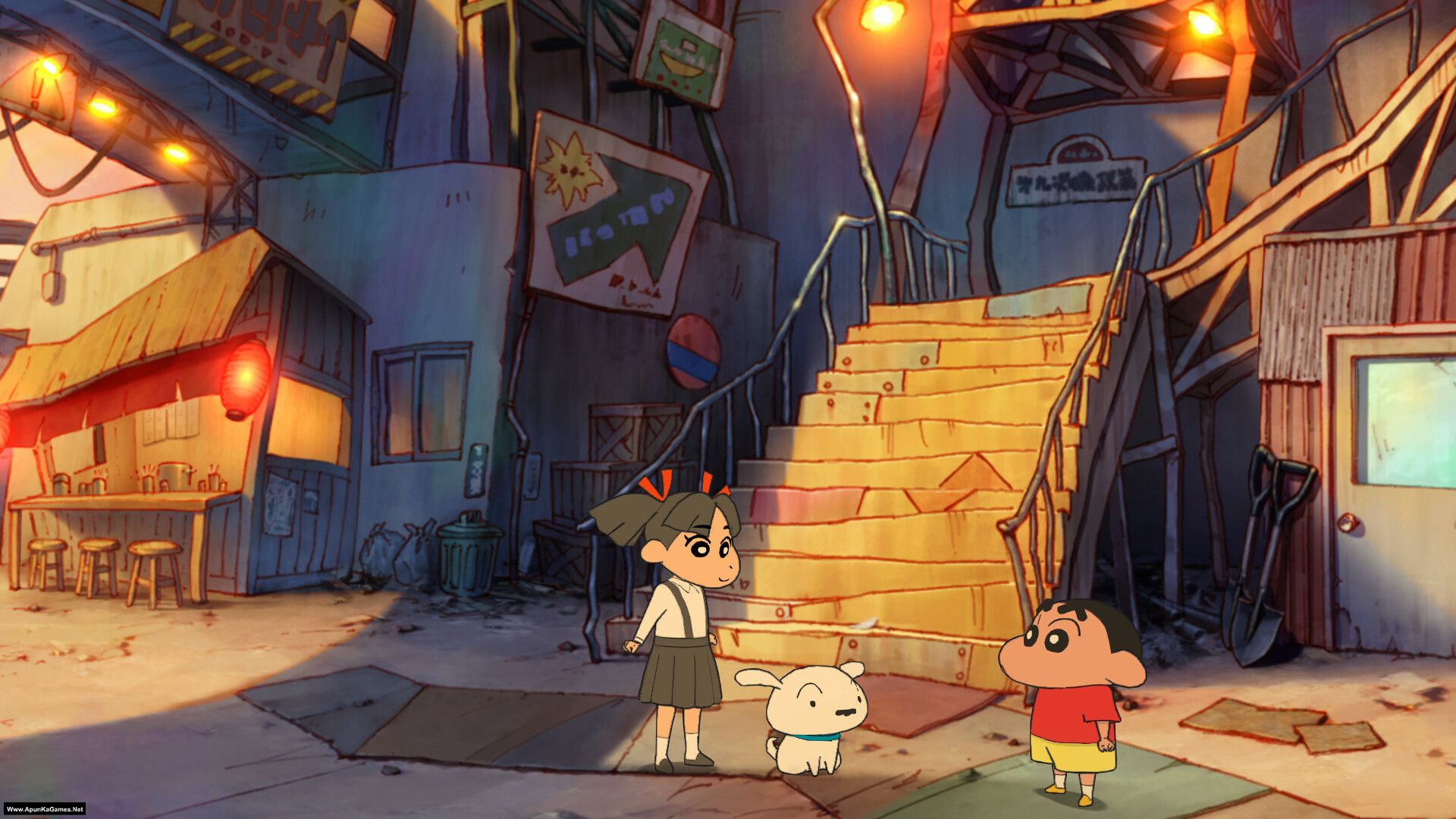 Shin chan Shiro and the Coal Town Game for Pc Highly Compressed Full Version Free Download This is a vibrant and colorful scene set in an urban environment at dusk. The image features two animated characters, a girl with pigtails wearing a white shirt and green skirt, and a boy in a red shirt and yellow shorts, accompanied by a small white dog. They are standing on a street with various buildings around them, including a small shop with stools outside, a staircase leading to an upper level, and some industrial-looking structures. The lighting suggests it's either dawn or dusk, with warm tones illuminating the scene from above. There are signs and posters on the walls, adding to the bustling city atmosphere.