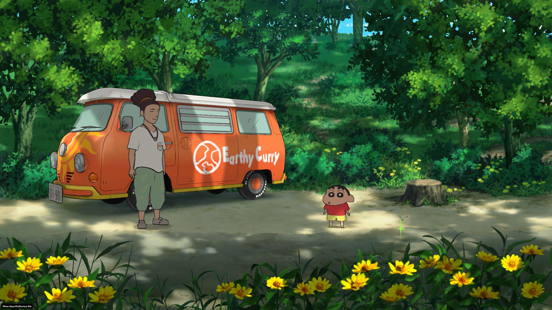 Shin chan Shiro and the Coal Town Game for Pc Highly Compressed Full Version Free Download A cartoon scene featuring a small boy in red clothes and yellow shorts standing on a dirt path surrounded by lush greenery and yellow flowers. An orange van with "Earthy Curry" written on its side is parked nearby, with a woman in casual attire leaning against it. The background includes dense trees and a clear blue sky.