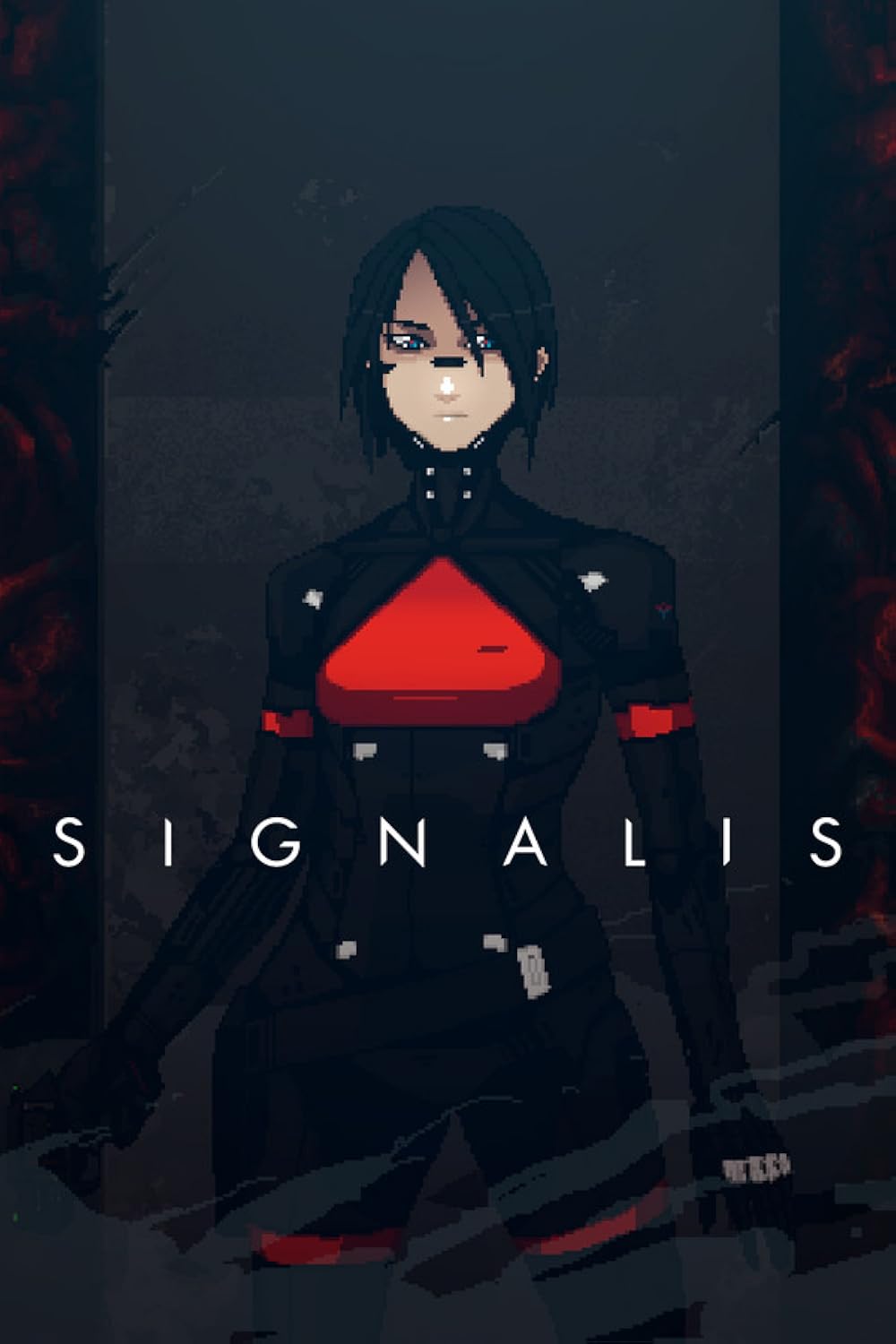 Signalis Game For PC Highly Compressed Full Version Free Download For Windows A pixel art character with black hair and blue eyes, wearing a black and red futuristic outfit. The background is dark with red accents, and the word "SIGNALIS GAME " is prominently displayed in white text.