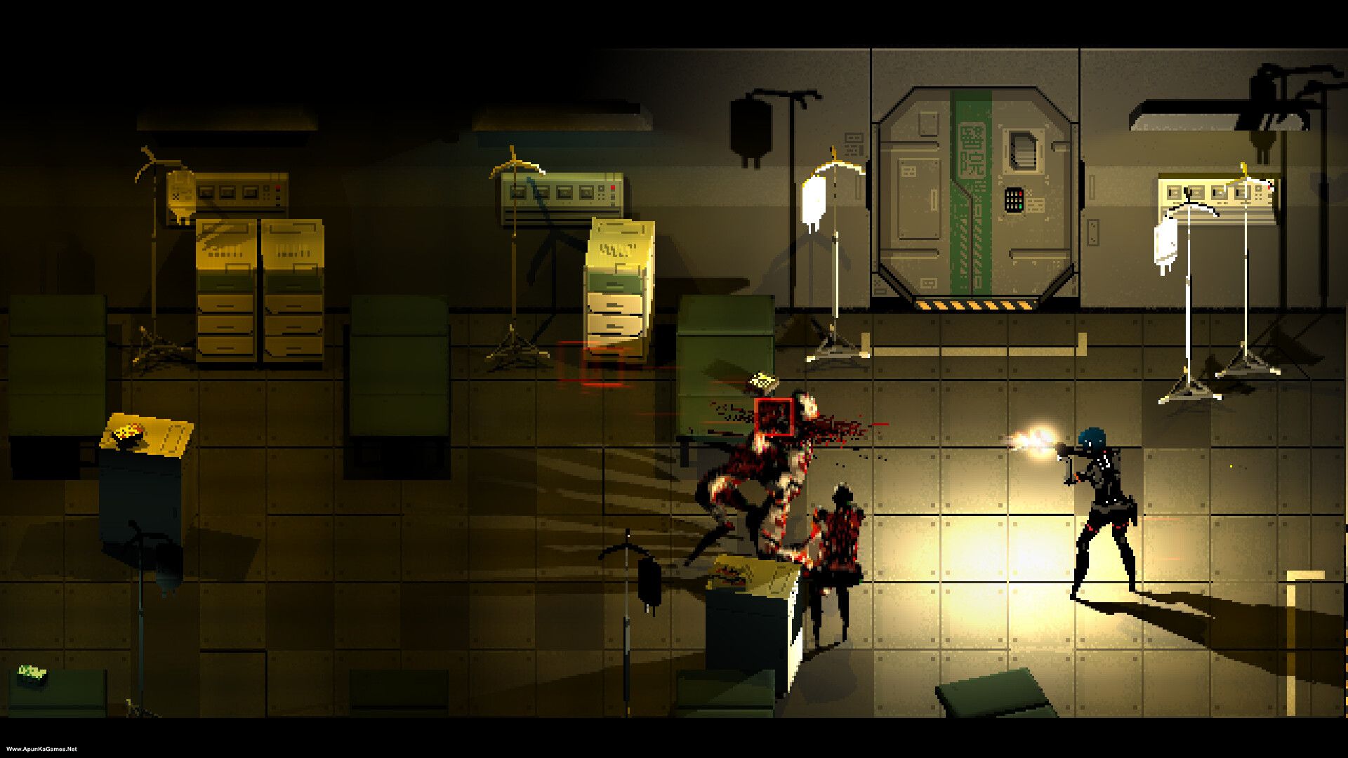 Signalis Game For PC Highly Compressed Full Version Free Download For Windows A pixel art scene depicting a futuristic laboratory setting with a character in blue armor holding a gun, shooting at multiple red humanoid figures. The environment includes various pieces of equipment such as cabinets, monitors, and lamps, all rendered in a retro-futuristic style with a limited color palette dominated by shades of yellow, green, and gray. The lighting is dim, creating an atmosphere of tension and action.