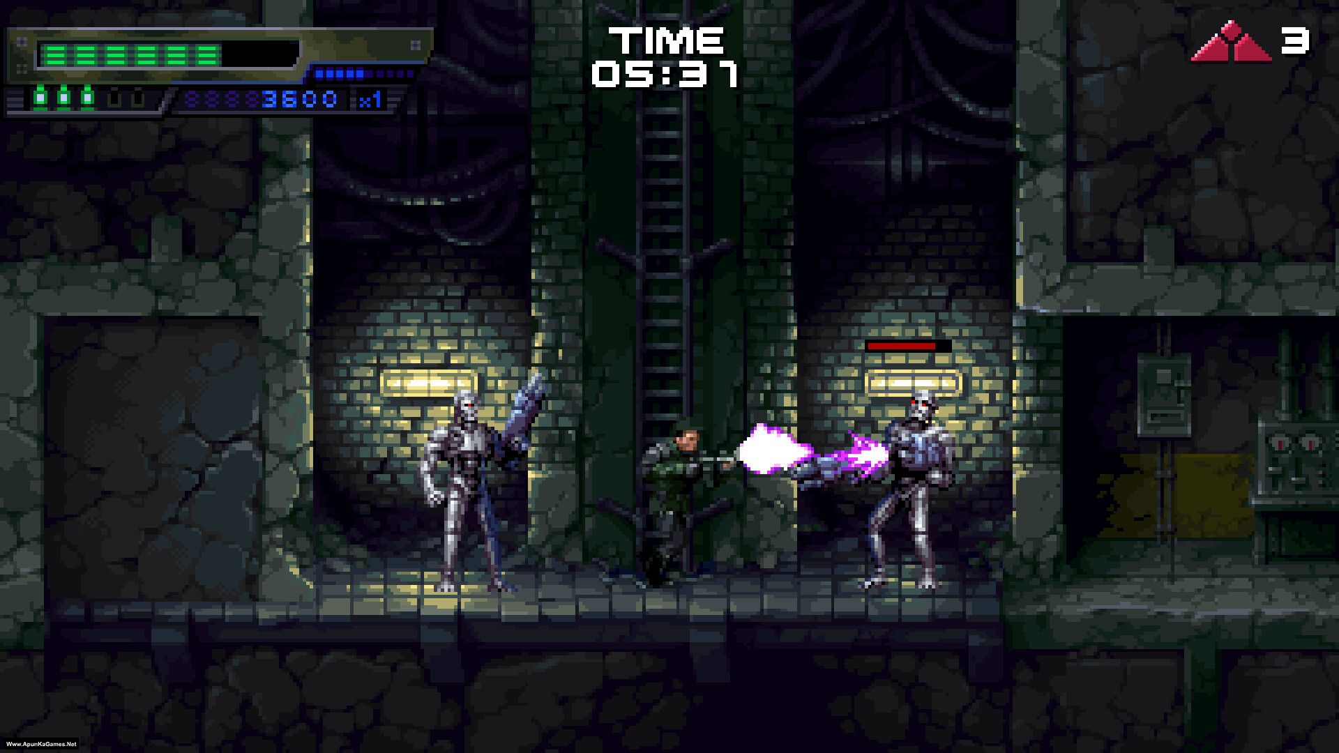 Terminator 2D No Fate Game for PC Highly Compressed Full Version Free Download A pixel art scene from a retro-style video game, featuring a character in green combat gear firing a weapon at two robotic enemies in a dark, industrial setting with brick walls and machinery. The top left corner displays health and ammunition status bars, while the top right shows a countdown timer and an icon of a red triangle with a number 3 inside it. The environment includes ladders, crates, and various control panels.