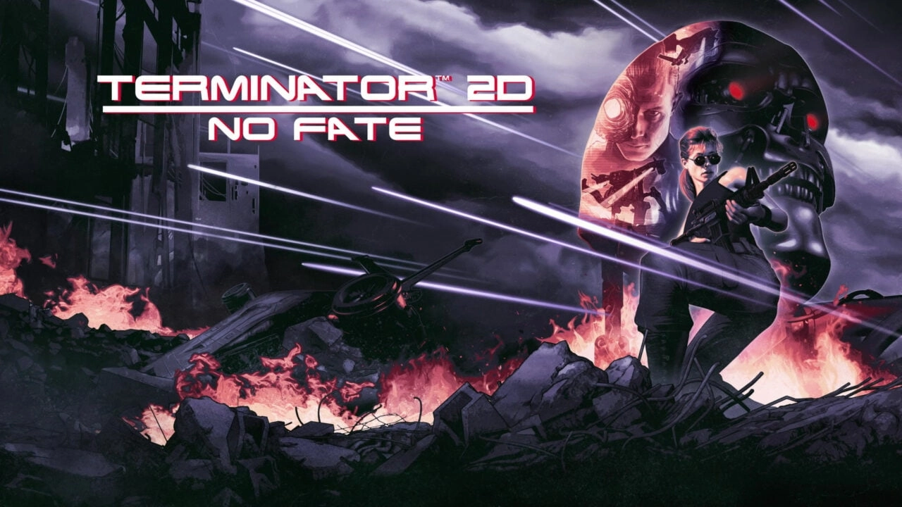 Terminator 2D No Fate Game for PC Highly Compressed Full Version Free Download A post-apocalyptic scene with a female character in black attire holding a gun, standing amidst ruins and flames. A large skull-like structure looms in the background, with laser beams shooting across the sky. The title "TERMINATOR 2D NO FATE" is prominently displayed at the top.
